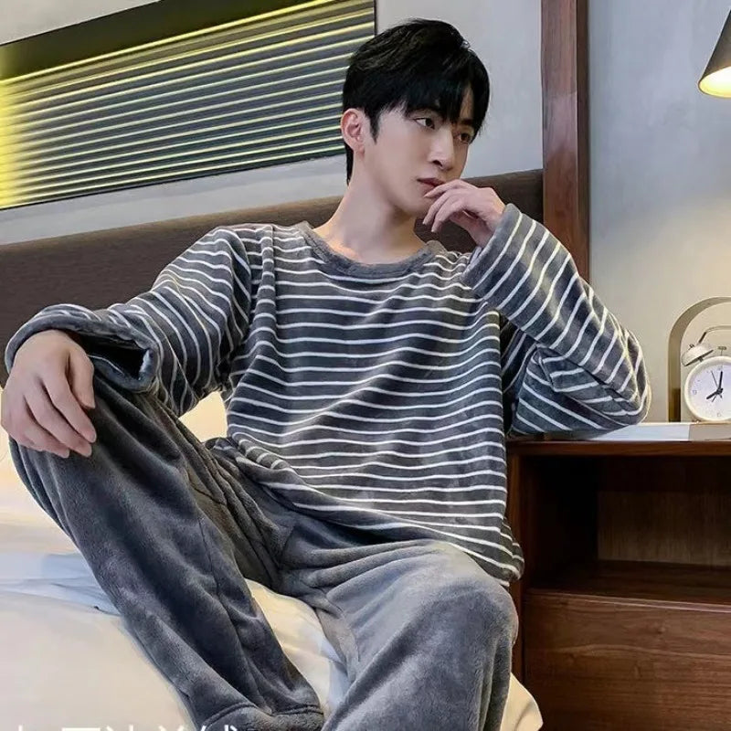 2/pce Set Spring Autumn Winter Man Casuall Pajama Male Simple Striped Thick Plush Pajama Man Long Sleeves Pants Warm Loungewear