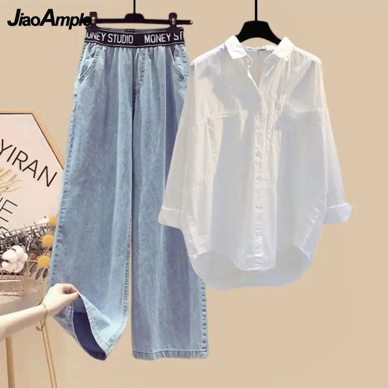 Women 2026 Spring Summer New Sunscreen Shirt+Striped Vest+Wide Leg Jeans 3 Piece Suit Korean Elegant Denim Pants Matching Set