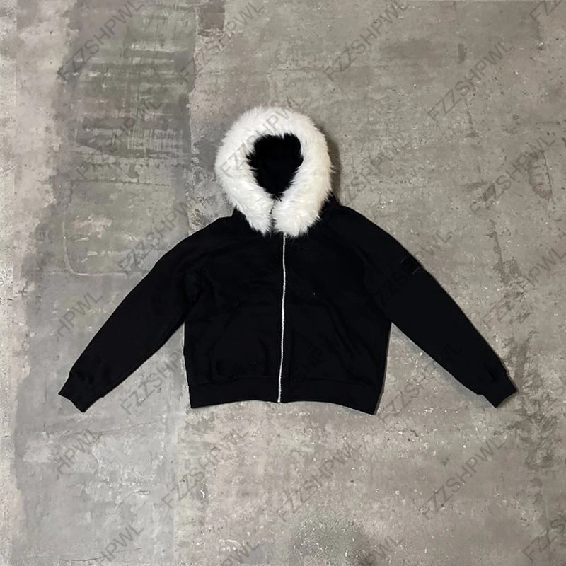 Casual Y2K Zip up hoodie Faur collar Harajuku Streetwear Hiphop Zipper Hoodie sweatshirt Vintage Rock Goth Loose Punk EMO Jacket