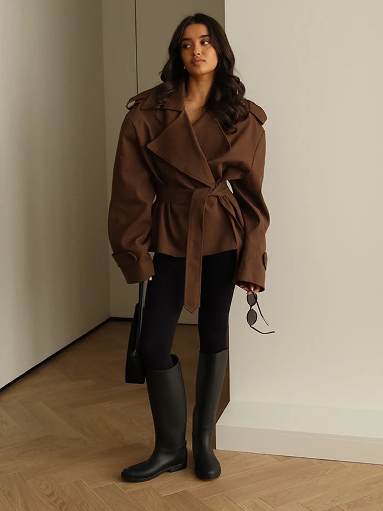 Elegant Lapel Lace Up Women's Windbreaker Solid Loose Full Sleeve Belt Double Breasted Coats Female 2026 Spring Female Jackets