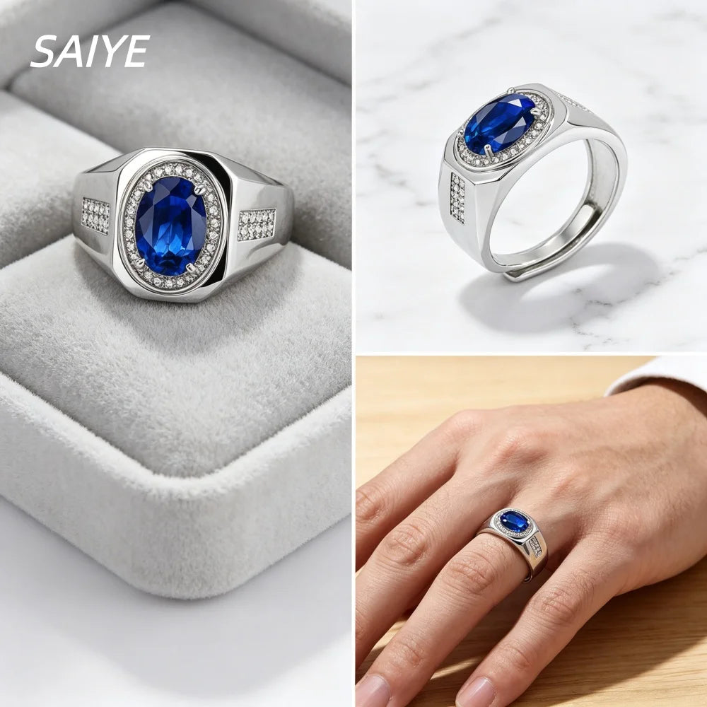Men's 925 Sterling Silver Ring, Oval Cut Gemstone Ring, Adjustable Luxury Cubic Zirconia Ring, Hip Hop Statement Jewelry Gift