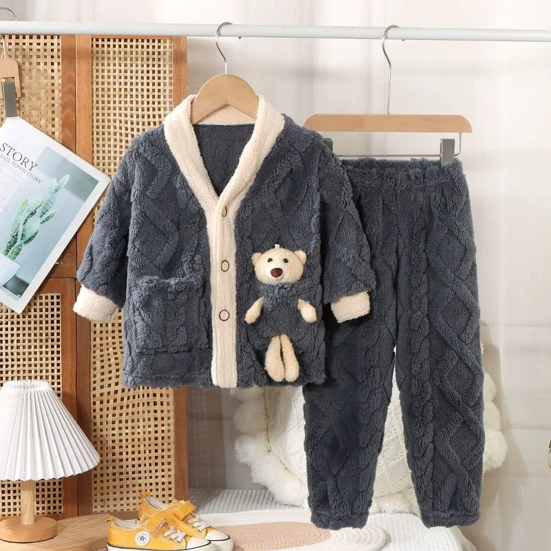 Boys and Girls Pajamas Pajamas Children's Fleece Thickened Coral Thermal Medium and Older Children's Loungewear Pajama Set