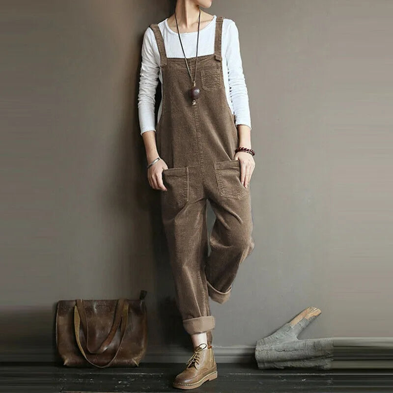 S-5XL Women Corduroy Jumpsuit Pocket Wide Leg Solid Color Loose Sleeveless Simple Autumn Playsuits Rompers Streetwear