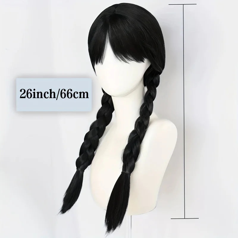 Wednesday Wig‌ Women'S Long Black Braided Synthetic Wig With Bangs, 2 Braided Ponytails For Halloween Cosplay, Party & Everyday