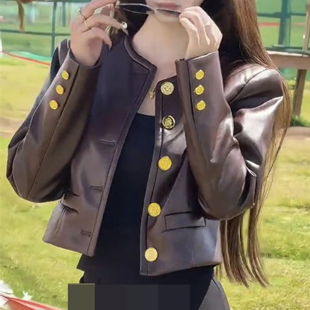 2025 autumn new fashion leather U coat women's high-end heavy industry metal buckle lapel thin short leather jacket
