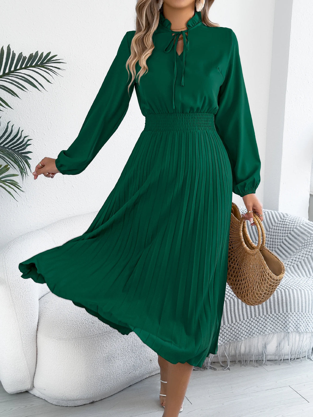 Elegant Dresses for Women 2026 Autumn Winter Casual Solid Color V Neck Lace Up Pleated Maxi Dress Red Khaki Green Woman Dresses