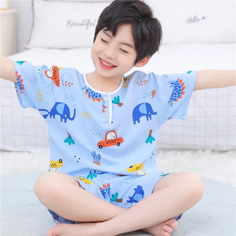 Kids Boys Girls Pajamas New 2023 Summer Thin Cute Cartoon Short Sleeve O-Neck Casual Tops with Shorts Baby Sleeping Clothing Set