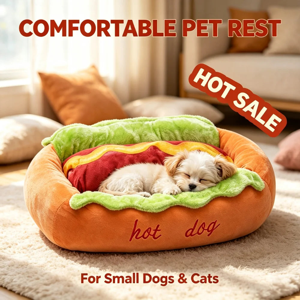 Novelty Hot Dog Shaped Pet Bed Warm Fleece Sofa Cushion Raised Rim Comfortable Sleeping Mat for Cats and Small Dogs
