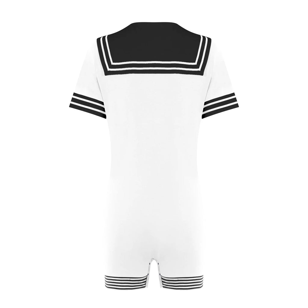 Men Adults Sailor Style Pajamas Bodysuit Navy Collar Short Sleeve Stretchy Comfortable Jumpsuit for Lounging Sleeping Home Wear