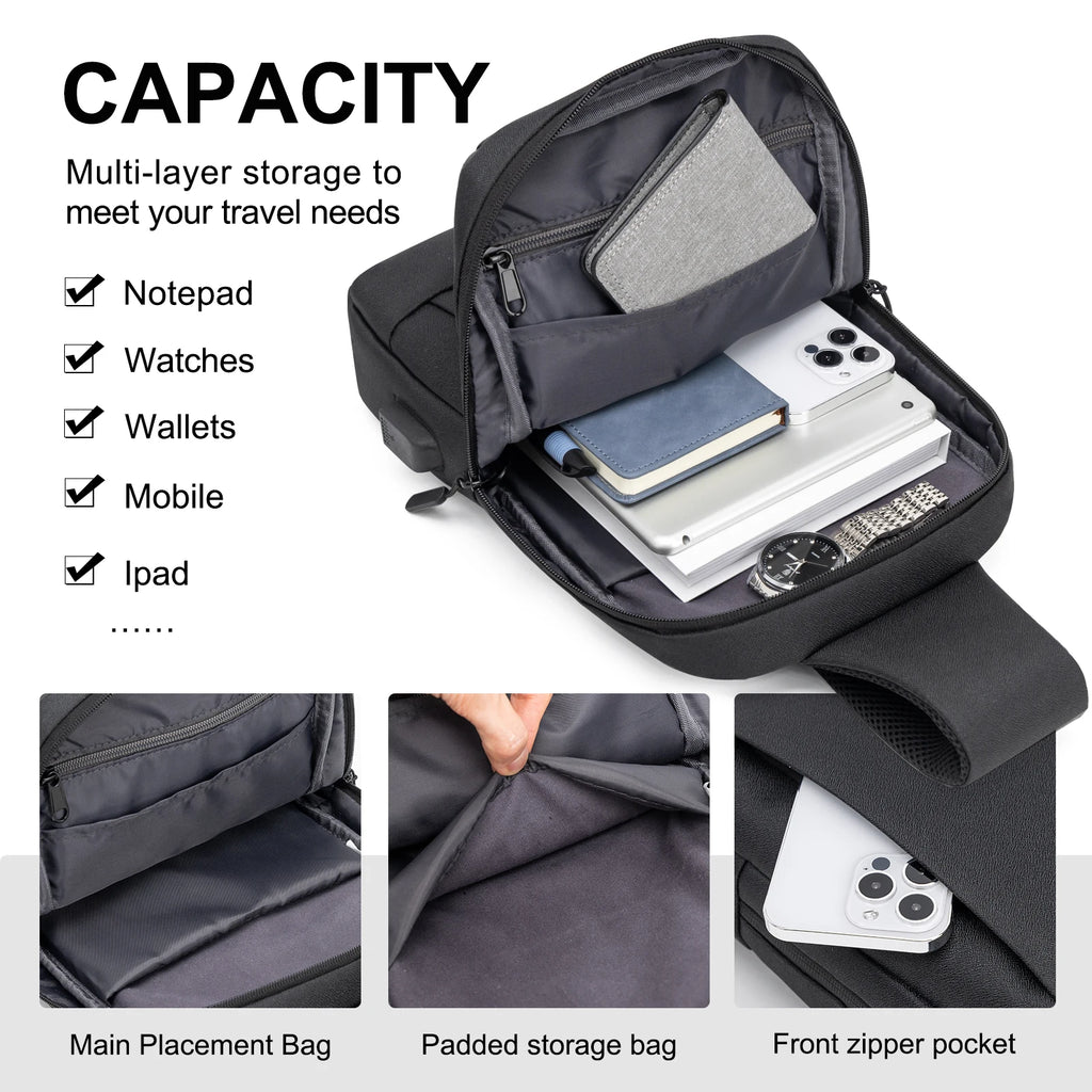 Men Bag Fashion New Solid Color Men Chest Bag Outdoor Casual Fashion One Shoulder Crossbody Bag Nylon USB Charging Shoulder Bags