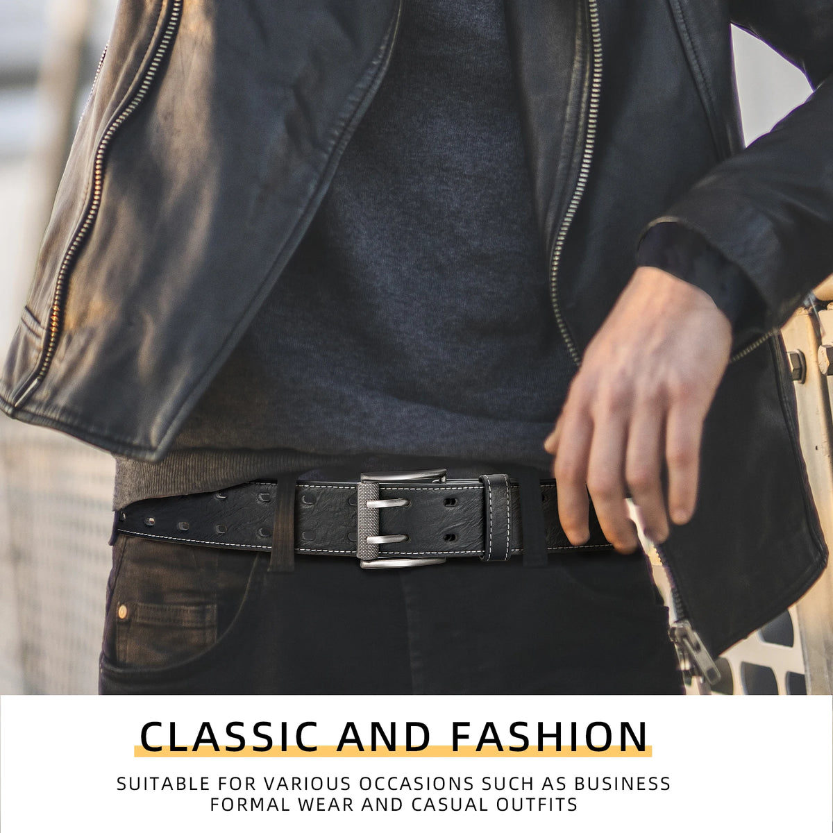 Men Classic Double Prong Belt Fashion Casual Heavy Duty Work Faux Leather Belts For Jeans Pants