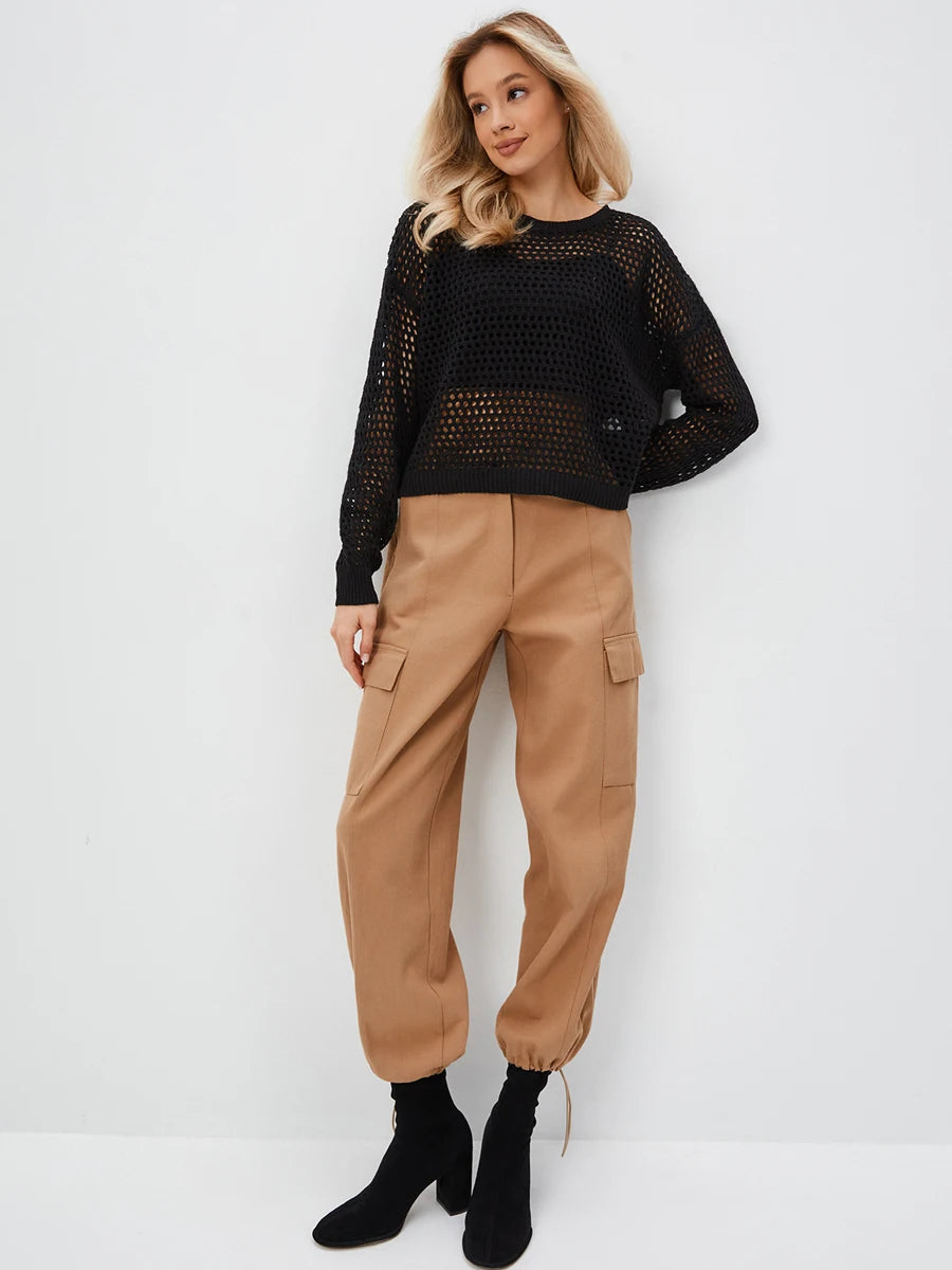 Summer Knitted Sweater Women's Oversize T-shirt Long Sleeve Transparent Vintage Top Loose Pullovers Basic Sexy T-shirt for Women