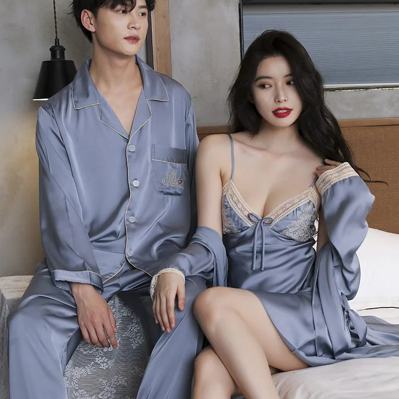 Couple Lounge Sleep Wear Ice Silk Pajamas Set Men Shirt Pants Women Lace Sling Nightdress With Robes Sleepwear