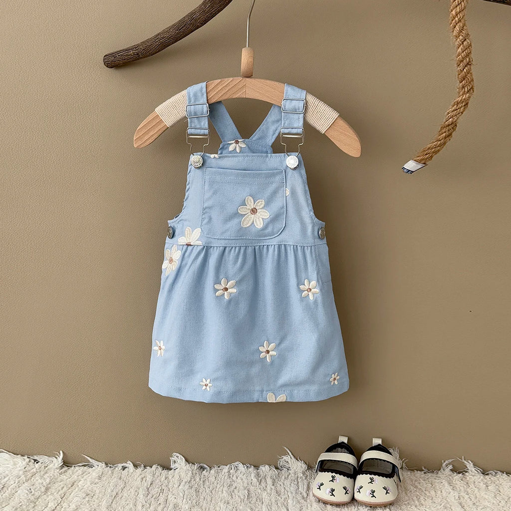 Toddler Infant Girls Denim Dresses Flowers Embroidery Strap Knee-Length Kids' Dresses One-piece 0-3 Years Overall Girl Clothes