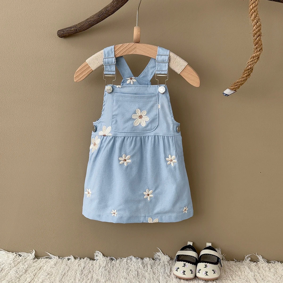 Toddler Infant Girls Denim Dresses Flowers Embroidery Strap Knee-Length Kids' Dresses One-piece 0-3 Years Overall Girl Clothes