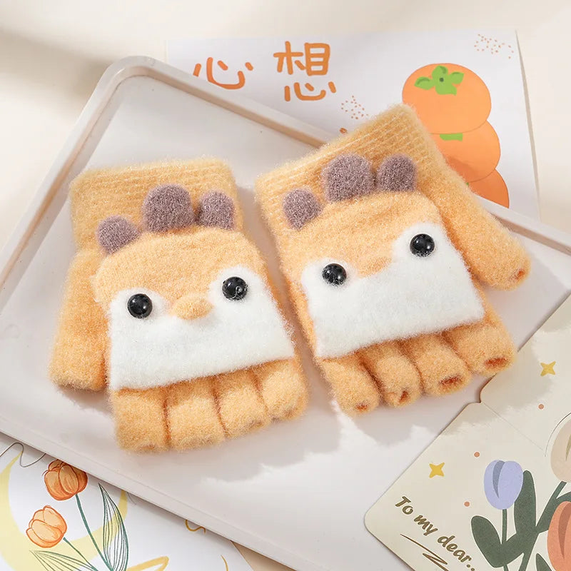 Children's Warm Gloves for Boys and Girls Cartoon Cute Half Finger Knitted Winter Flip Cover Baby Thick Cold Proof Five Fingers