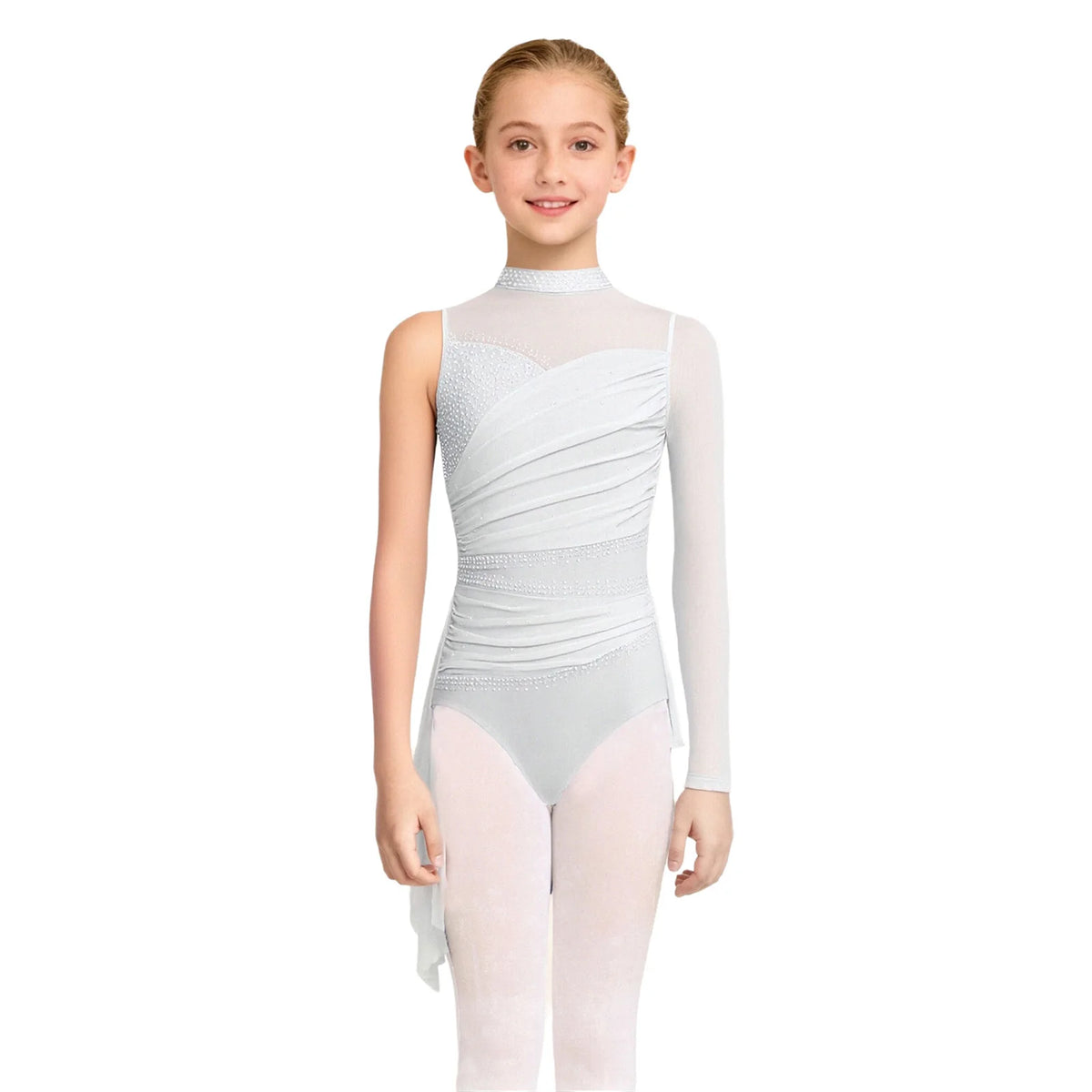 Kids Girls Lyrical Dance Dress Sleeveless Sheer Mesh Patchwork High-Low Hem Ruched Shiny Rhinestone Leotard Dress Ballet Dresses