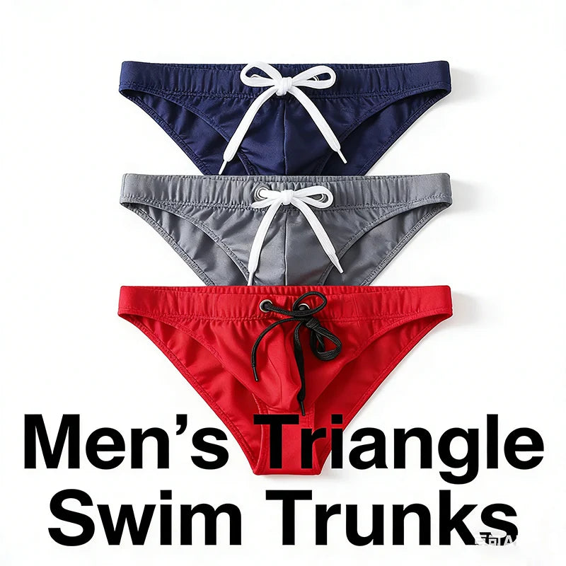 Men's Solid Color Low Waist Swimming Briefs with Tie Rope Quick Dry Double Layer Beach Shorts Anti-Embarrassment Swimwear