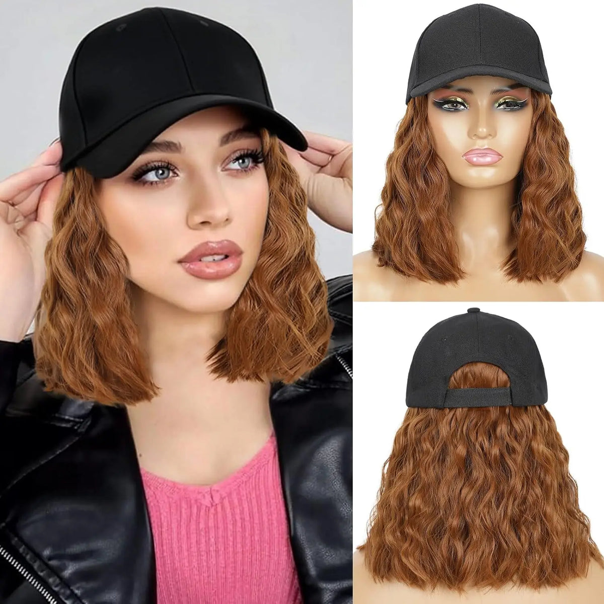 Hat Wig for Women Wig Cap with Curly Hair Extensions Hat with Hair Wave Adjustable Baseball Hat Synthetic Wigs