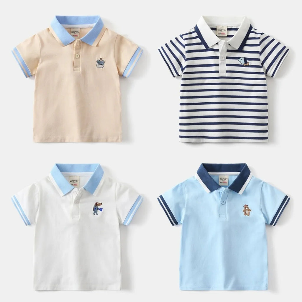 Kids 2-6Y Comfortable Cotton Casual Boys Tops Childrens Summer Short Sleeve Polo Shirts 4 Styles Handsome Cartoon Embroidery