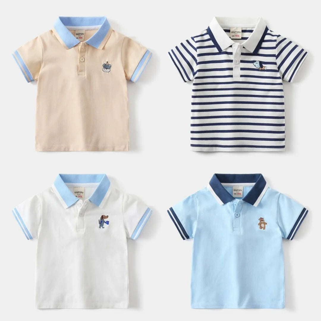 Kids 2-6Y Comfortable Cotton Casual Boys Tops Childrens Summer Short Sleeve Polo Shirts 4 Styles Handsome Cartoon Embroidery