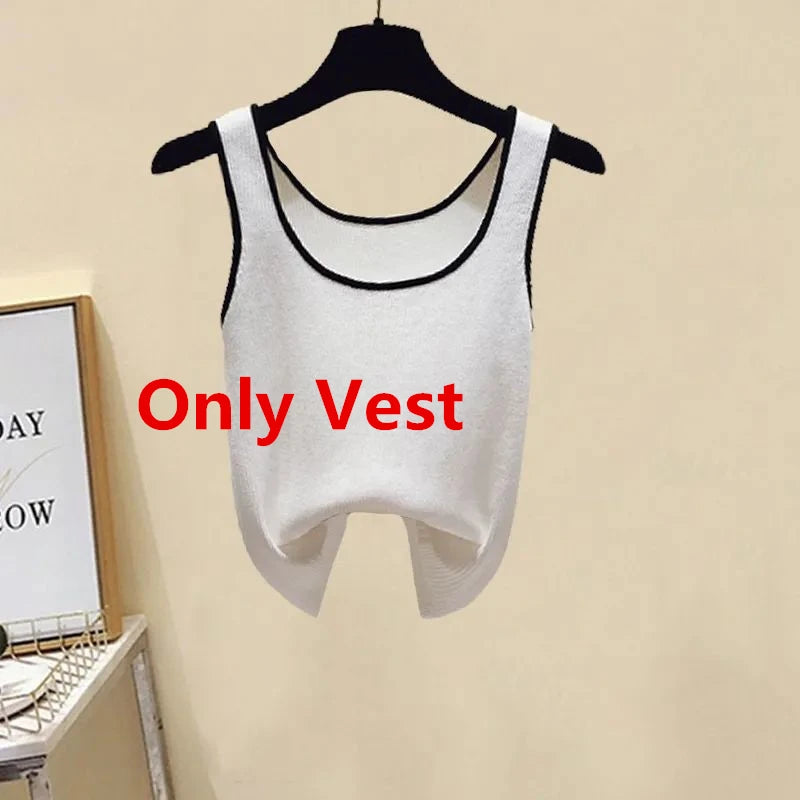 Spring Summer Casual Women Clothing 2024 Lady Loose Shirt Vest Tops Cross Letter Waist Black Straight Trousers 3 Pcs Set Outfits