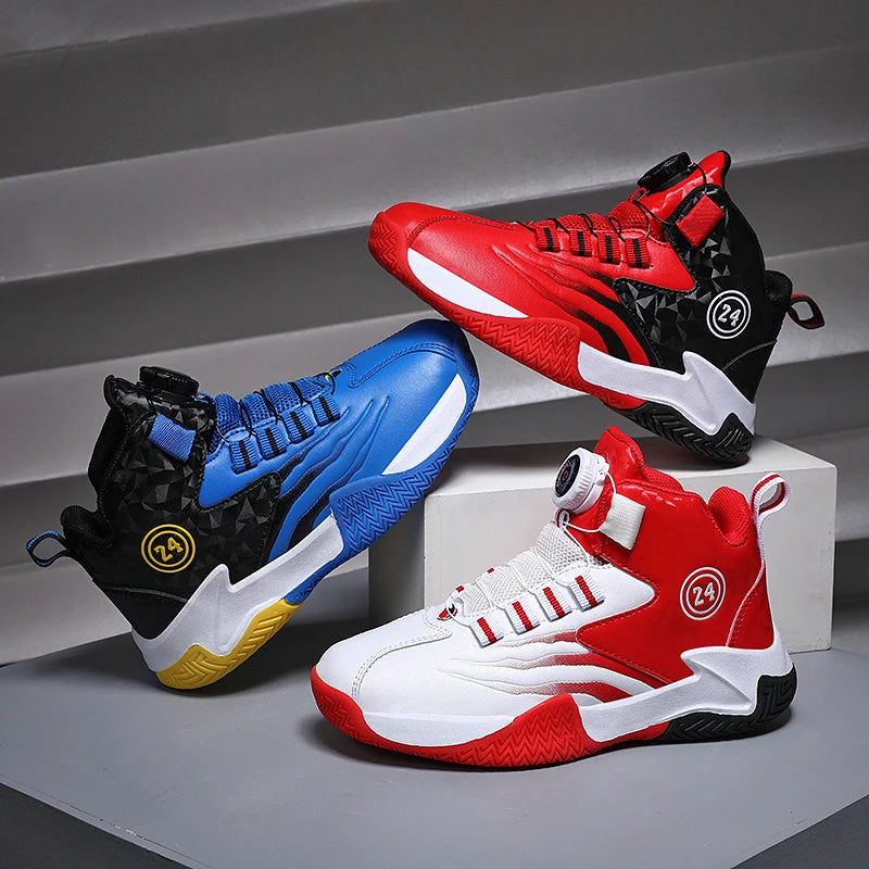 Children Basketball Sports Shoes Swivel Button Casual Shoes Four Seasons Kids Mesh Sneaker Non-slip Boys Girls Outdoor Training