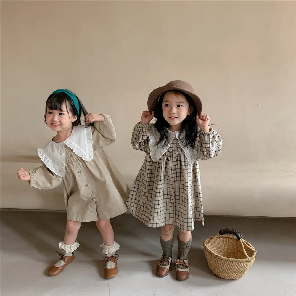 Spring toddler children  Girls' Clothing Korean Retro Dress costume For kids Girls' Clothes 1 2 3 4 5 6 T Birthday Plaid Dress