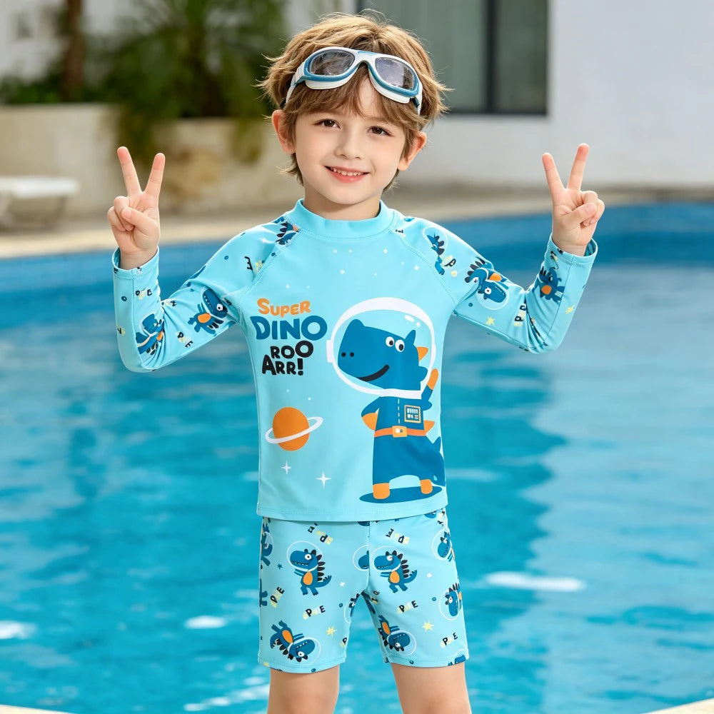 Kids Long Sleeve Swimwear Set 2Pcs Boys Girls Cartoon Swimsuit UV Protection Beachwear for Children Toddler Bathing Suit