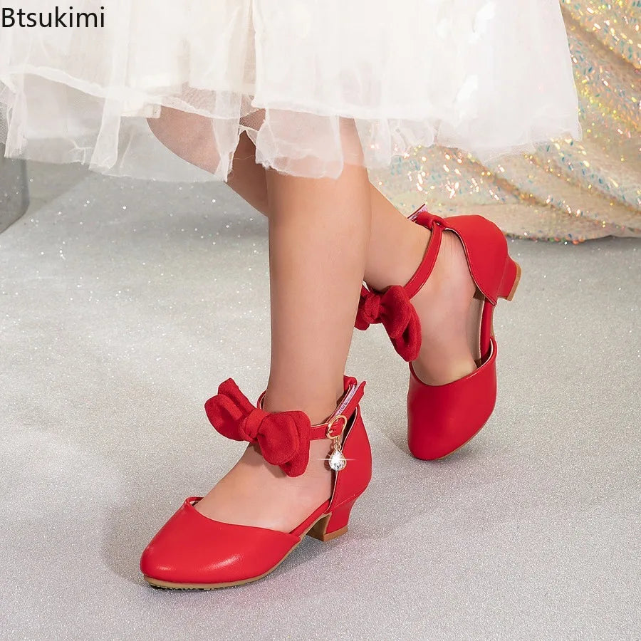 Children Girls High Heel Shoes Kids Sandals Lolita Mary Janes Shoes Sweet Bowknot Princess Party Dress Wedding Shoes Size 28-40