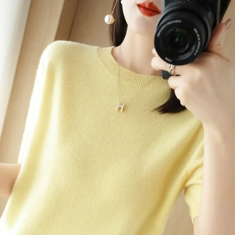 2025 Spring Summer Womens Sweater Short Sleeve O-neck Slim Fit Knitted Pullovers Bottoming Casual Knitwear Camel Pink Clothes