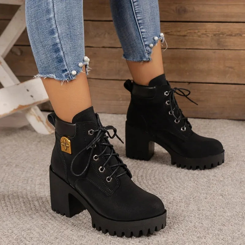 New Fashion Platform Boots for Women Retro Round Toe Coarse Heeled Ankle Boots Autumn High Heel Shoes for Women Botas Para Mujer