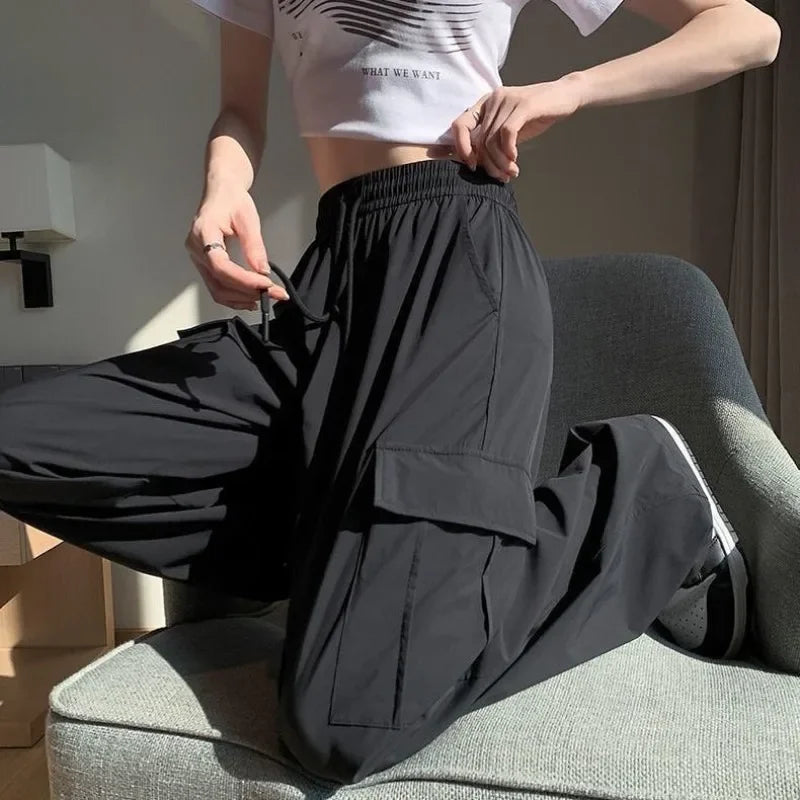 Summer Cargo Pants for Women Wide Leg High Waist Drawstring Woman Trousers Ice Silk Casual G Autumn Clothing Chic and Elegant