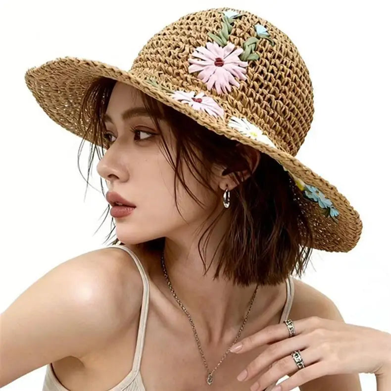 Colorful Flower Straw Hats for Women Boho Embroidered Flower Weave Hat Foldable Korean Hollow Out UV Protection Sun Cap Outdoor