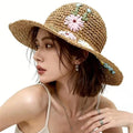 Colorful Flower Straw Hats for Women Boho Embroidered Flower Weave Hat Foldable Korean Hollow Out UV Protection Sun Cap Outdoor