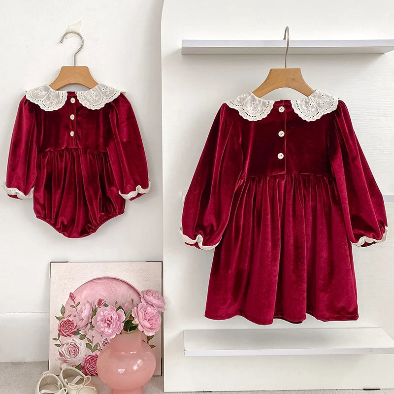 New Christmas Kids Party Dress Baby Bodysuits Sisters Clothes Autumn Sisters Girls Princess Dress Lace Red New Year Kids Clothes