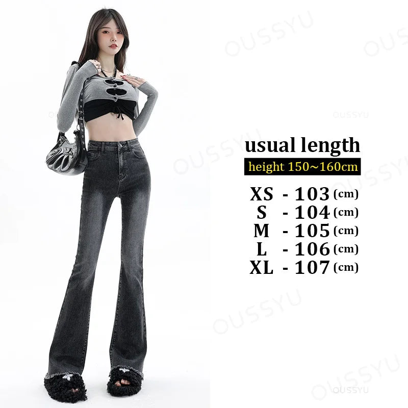 Spring Summer Flared Jeans Women Cotton Vintage Blue Denim Pants Streetwear Elastic High Waist Slim Harajuku Trouser Plus Length