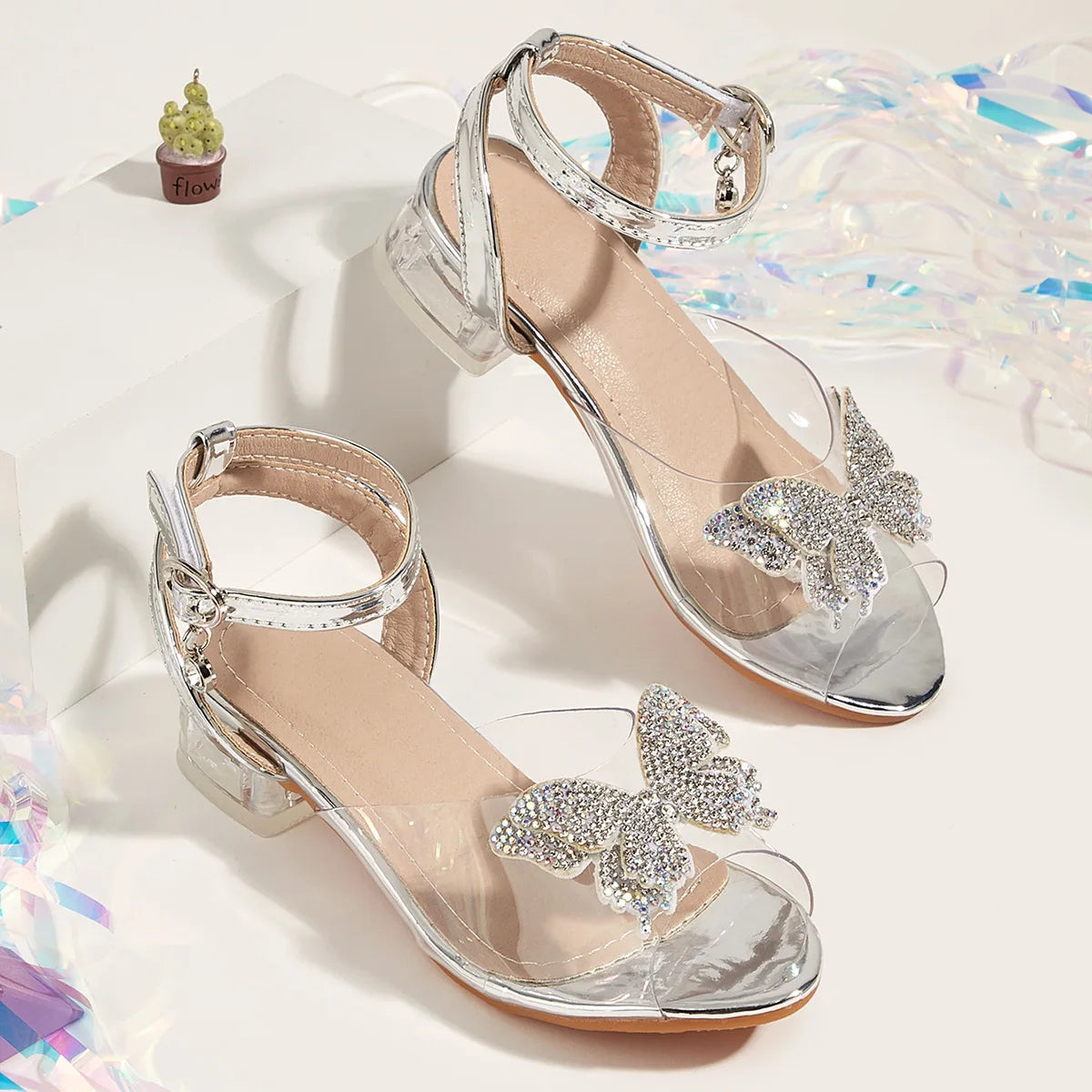 2025 Summer Latest Girls Sandals Bow Thick with Transparent Ankle Strap Children High Heels Rhine-drill Open Toe Princess Shoes