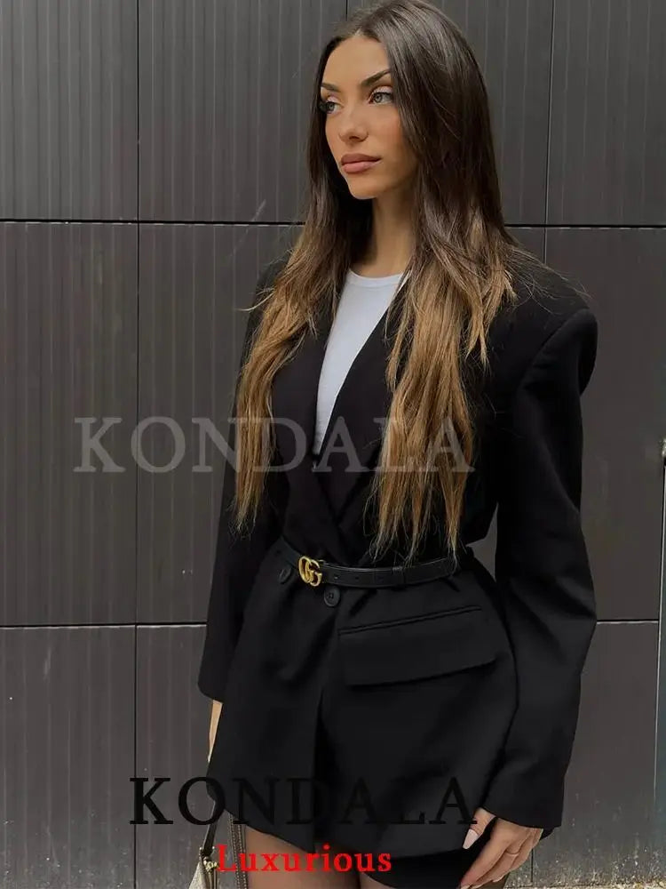 KONDALA Vintage Office Lady Chic Blazer Women V Neck Long Sleeve Pockets Loose Jacket Fashion 2026 Spring Summer Elegant Outwear