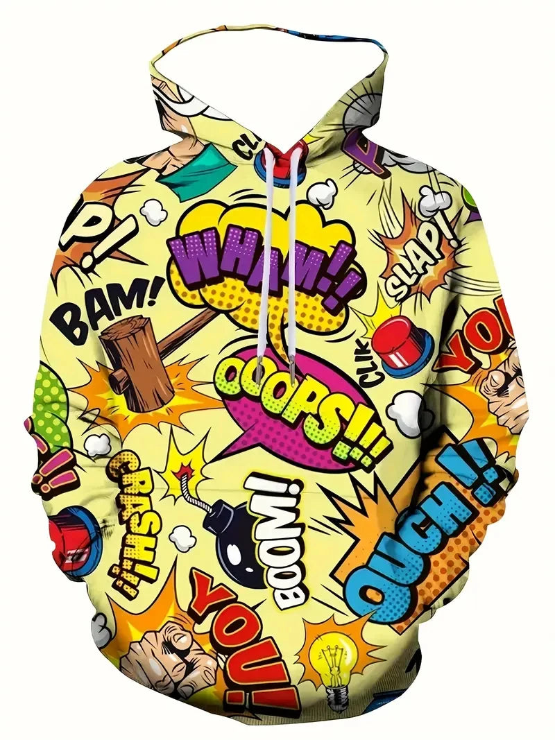 Colorful Cartoon Pattern Hoodies For Men Fun Anime Letter Ooops 3D Printed Sweatshirts Casual Long Sleeves Pullover Unisex Tops