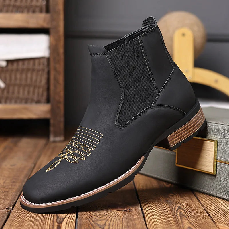 Men's Boots Classic Black Chelsea Boots Luxury Pointed Leather Booties Thick Heel Business Dress Boots for Men Botas Para Hombre