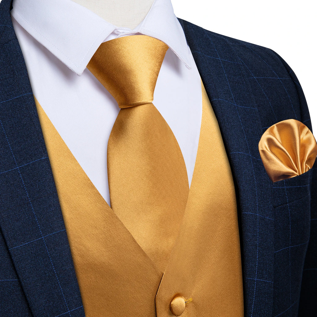 Luxury Paisley Gold Vest for Man Formal Yellow Solid Men's Waistcoat Necktie Pocket Square Wedding Business Chaleco Hombre