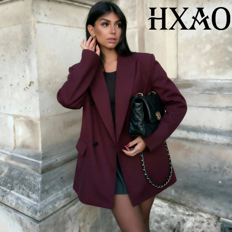 HXAO Burgundy Jacket Blazers Women's Long Sleeve Suit Jacket Office Wear Double-Breasted Long Blazer Woman Chic Oversized Blazer