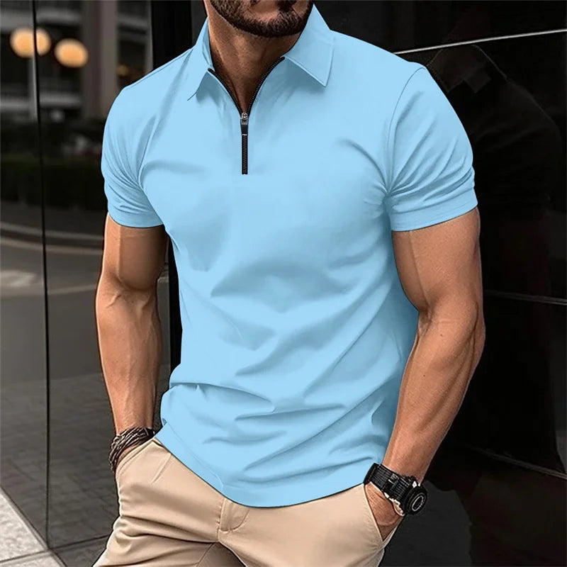 Men's stylish half-zip collar polo shirt, black slim fit short-sleeved top, business casual and versatile, available in 8 colors
