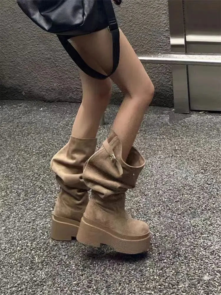 Women's Fashion Thick Heels Knee High Boots Khaki Flock Slip on Western Boots Woman Spring Autumn Soft Leather Short Botas Mujer