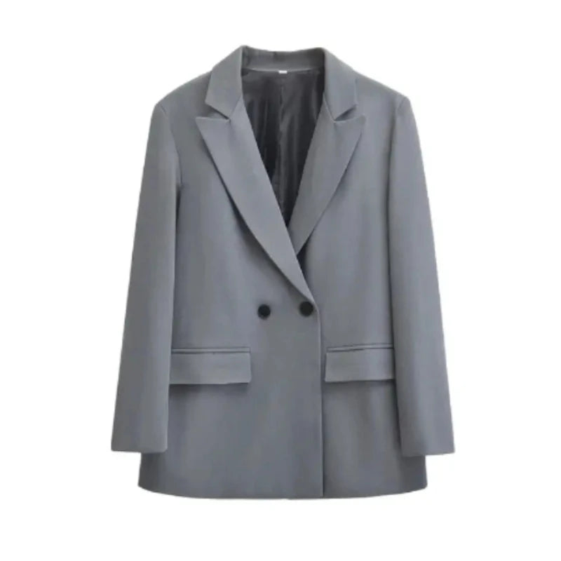 2025 Fashion Simple Loose Double Breasted Blazer Coat Long Sleeve Flap Pockets Female Outerwear Chic Tops Office Outwear