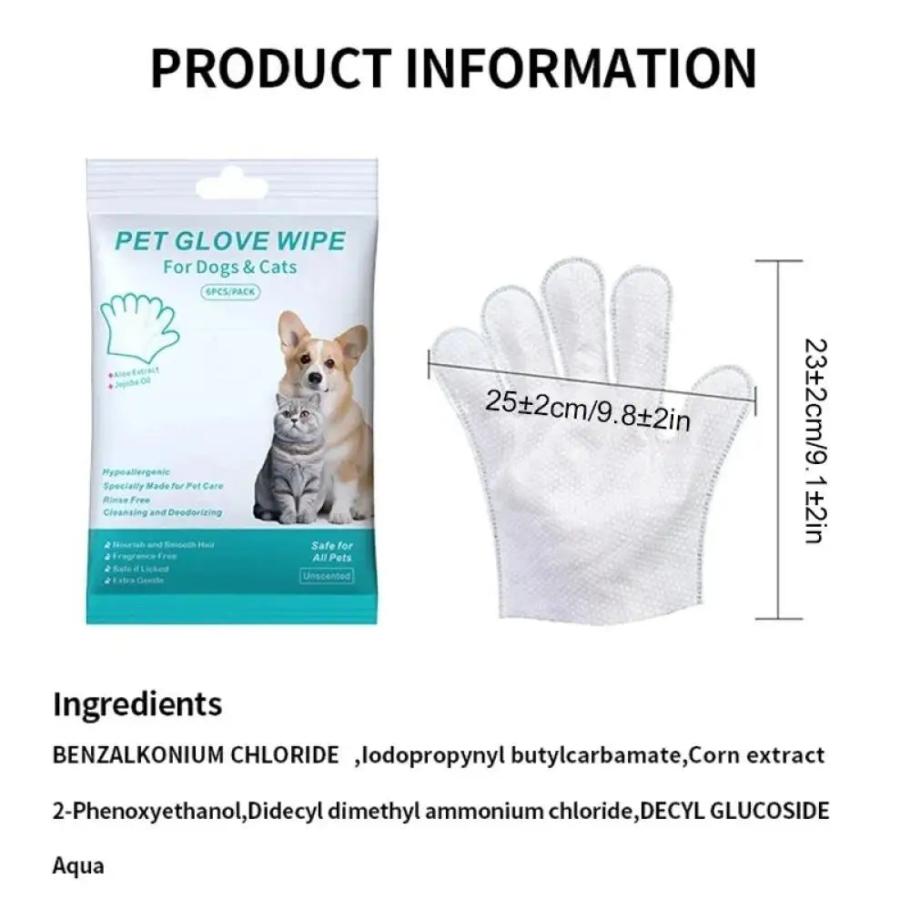 Pet Cleaning Gloves 6PCS Wash Free Grooming Wipes for Dogs Cats Disposable Dry Bath Gloves Gentle Care Supplies
