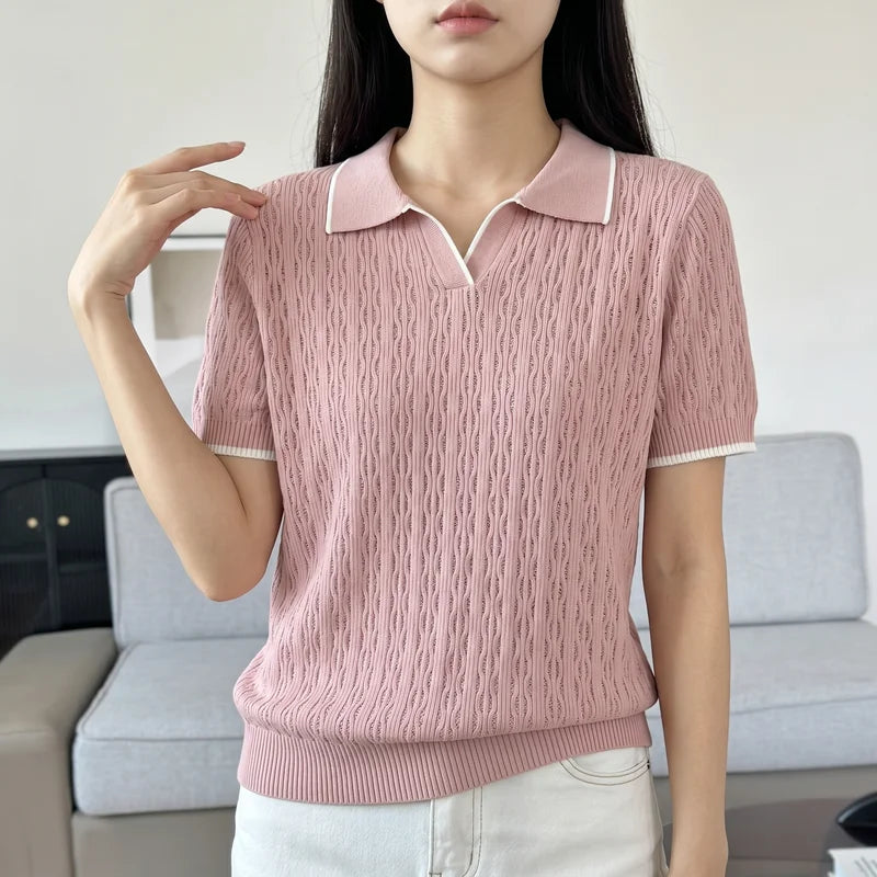 WinvyNee Spring Summer Women Cotton Polo V Collar Sweater Knitted Top Green Solid Short Sleeve Casual Pullover T-Shirt ZA1002042