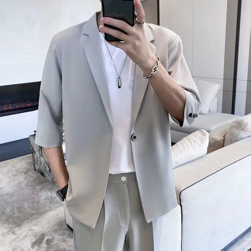 Men's Casual Half Sleeve Suit Jacket Polyester Fiber Breathable round Hemline Single Button Closure Standard Fit Adult Wear