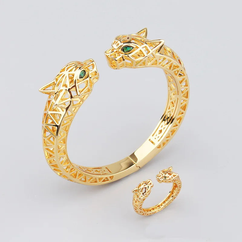 Europe America Style Men Women Lady Plated Gold Color Inlay Cubic Zircon Hollow Out Green Eyes Double Leopard Open Ring Bracelet